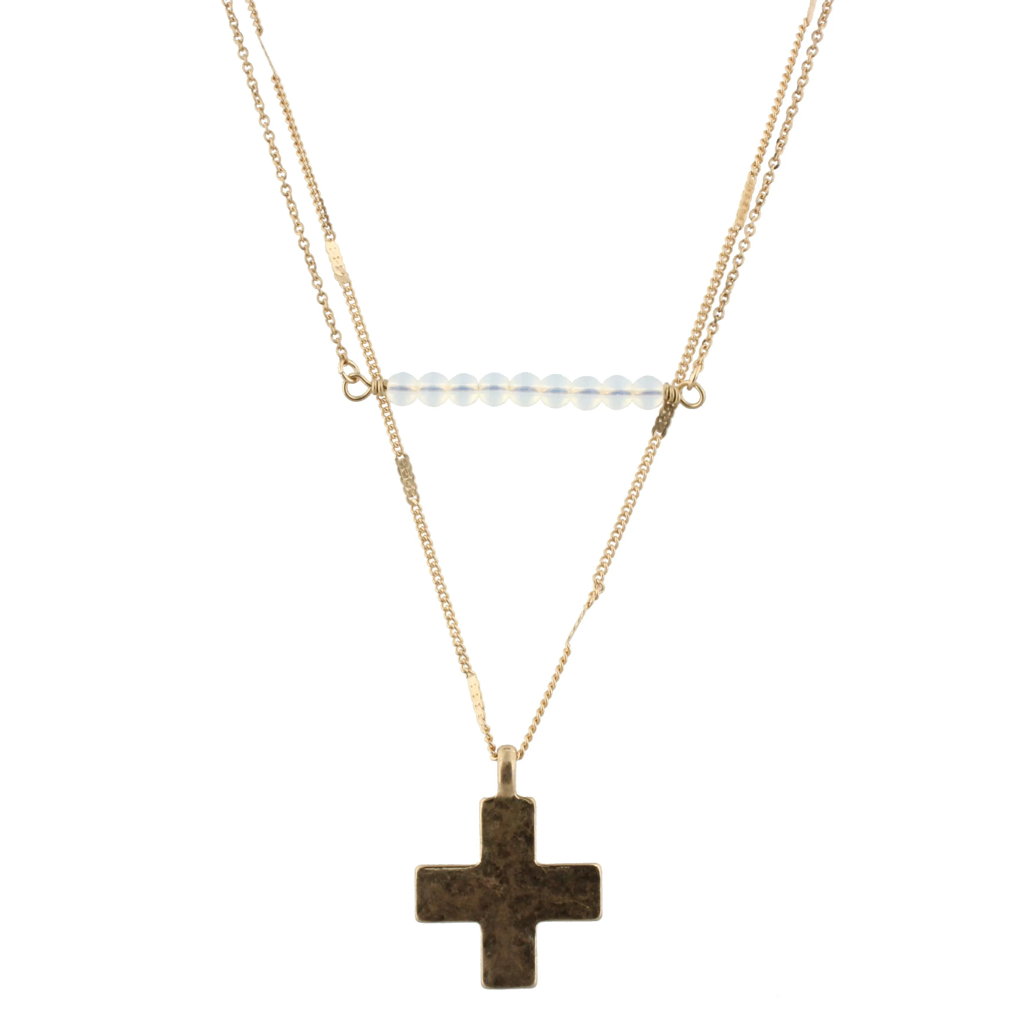 16" Delicate Gold 2 Layer Moonstone Beaded Bar, Cross Charm, 3" Ext. sold by Charming Charlie