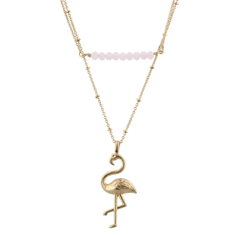 16" Delicate Gold 2 Layer Pink Beaded Bar, Flamingo Charm, 3" Ext. sold by Charming Charlie