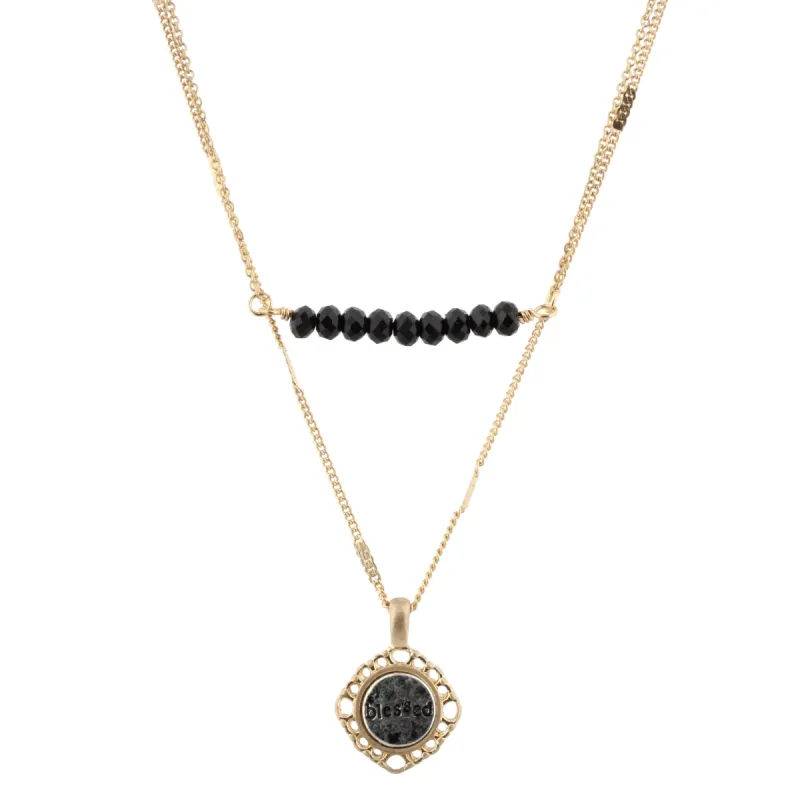 16" Delicate Gold 2 Layer Jet Beaded Bar, Blessed Charm, 3" Ext. sold by Charming Charlie