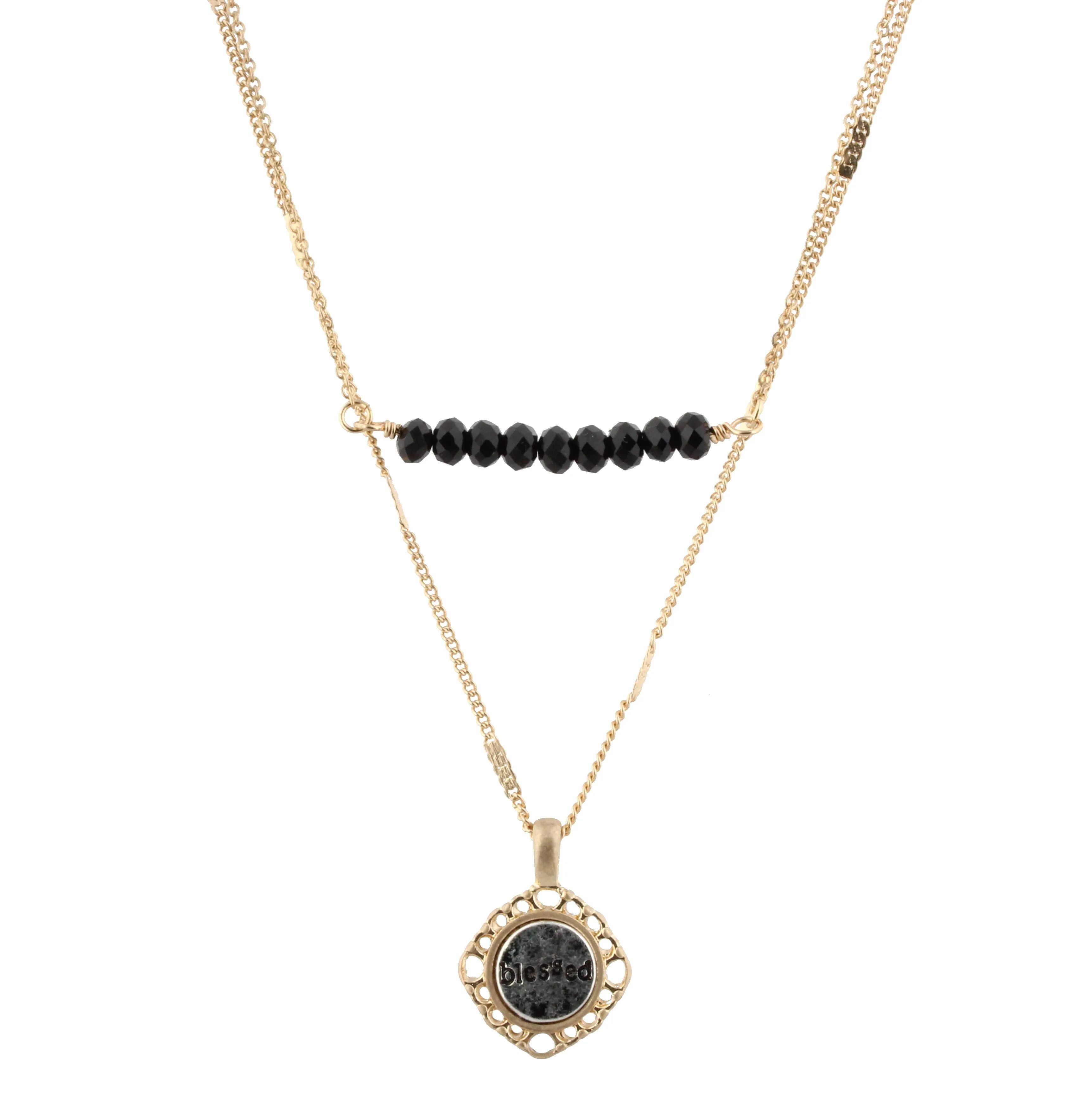 16" Delicate Gold 2 Layer Jet Beaded Bar, Blessed Charm, 3" Ext. sold by Charming Charlie