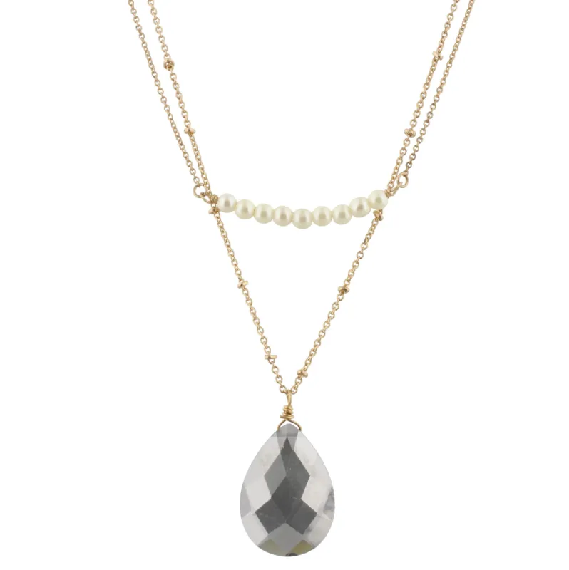 16" Delicate Gold 2 Layer Pearl Beaded Bar Necklace, Black Diamond Drop, 3" Ext. sold by Charming Charlie