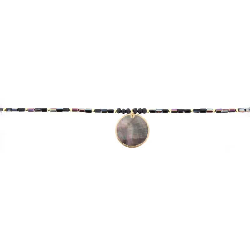 16" AB Jet Beaded Necklace with Shell Circle, 3" Ext. sold by Charming Charlie