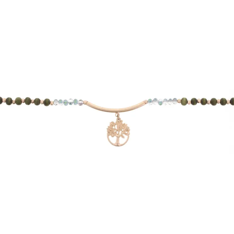 14" Wooden Green Choker Necklace with Gold Bar & Tree, 3" Ext. sold by Charming Charlie