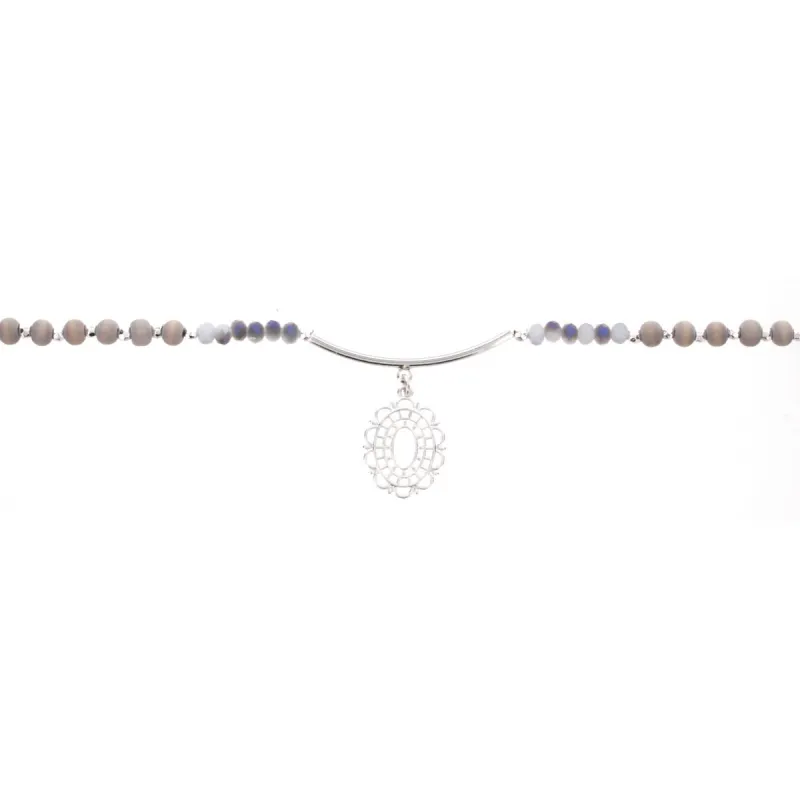 14" Wooden Grey Choker Necklace with Silver Bar & Filagree, 3"Ext. sold by Charming Charlie