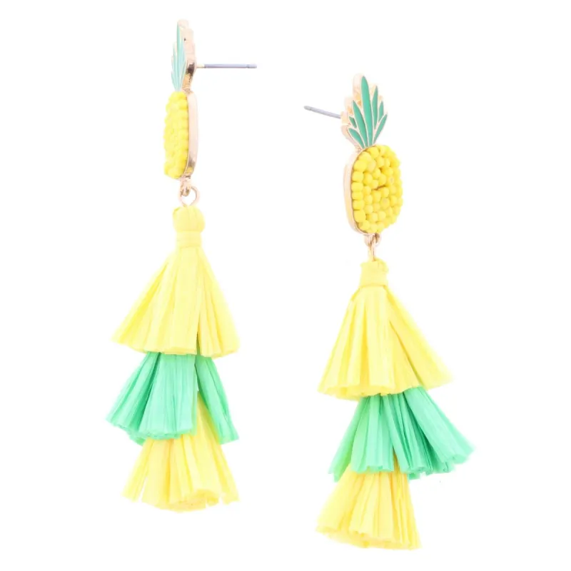 Pineapple Earring with Yellow & Green Rafia Stacked Tassel sold by Charming Charlie