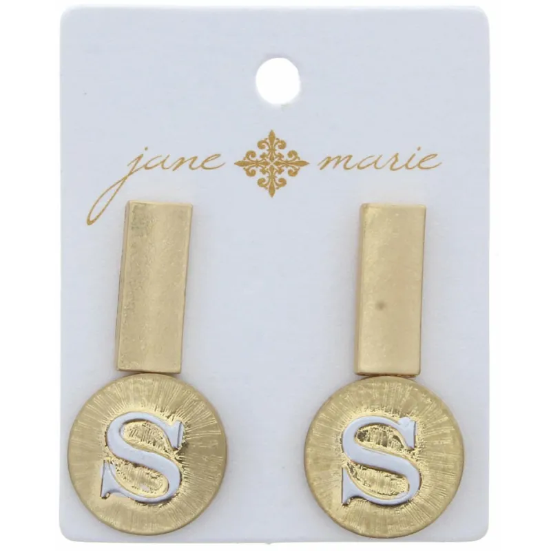Stud "S" Initial Set, 2-Tone Disc Initial and Gold Rectangle Earring sold by Charming Charlie