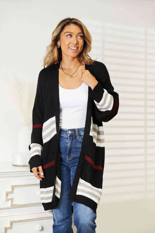 Double Take Striped Rib-Knit Drop Shoulder Open Front Cardigan sold by Charming Charlie