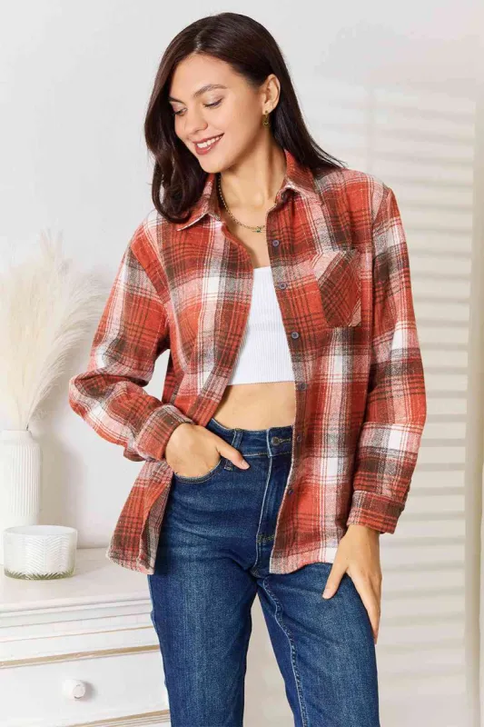 Double Take Plaid Collared Neck Long Sleeve Shirt made by Charming Charlie