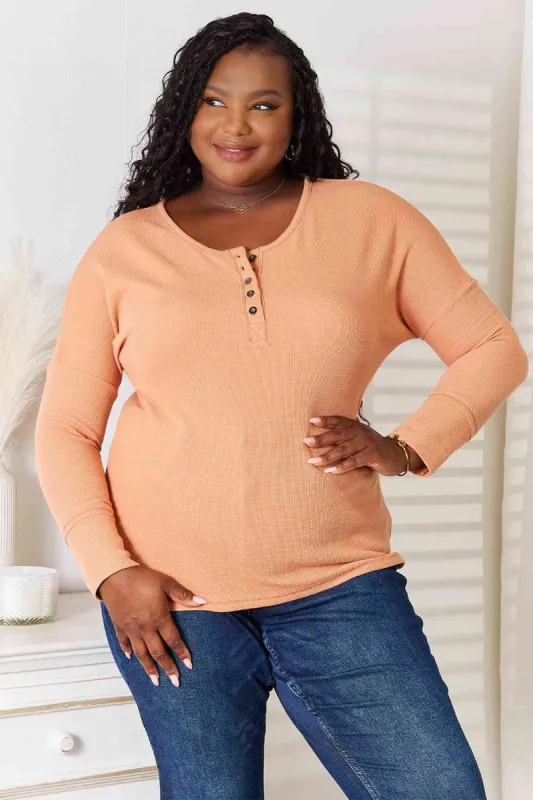 Basic Bae Half Button Long Sleeve Top sold by Charming Charlie