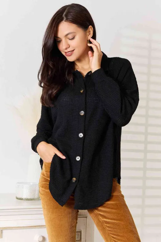 Double Take Waffle-Knit Collared Neck Dropped Shoulder Shirt sold by Charming Charlie