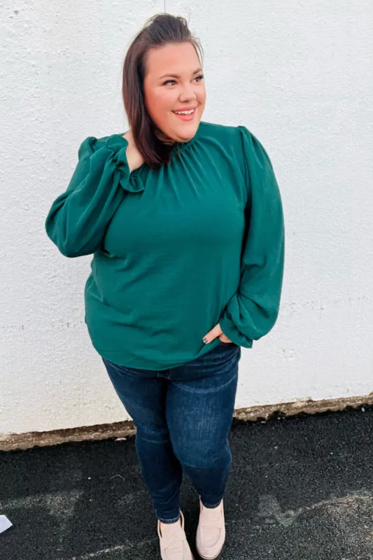 Be Merry Hunter Green Frill Mock Neck Crinkle Top sold by Charming Charlie