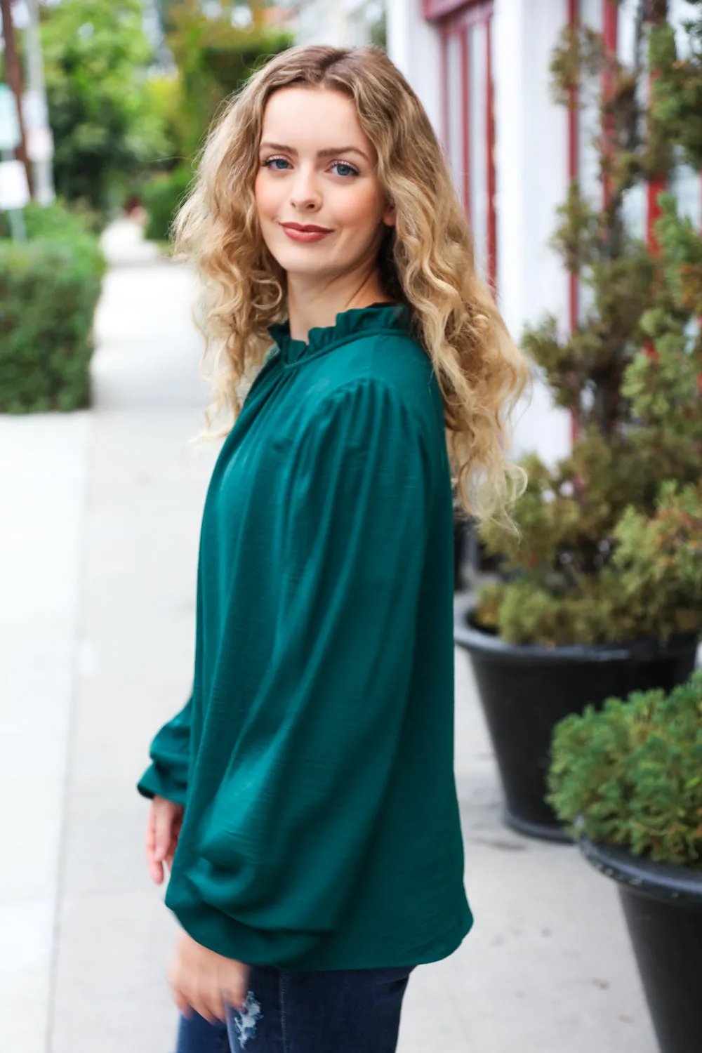 Be Merry Hunter Green Frill Mock Neck Crinkle Top sold by Charming Charlie product image thumbnail 3
