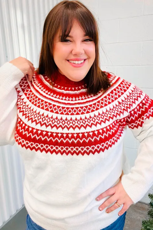 Feeling Festive Ivory & Red Fair Isle Mock Neck Sweater sold by Charming Charlie