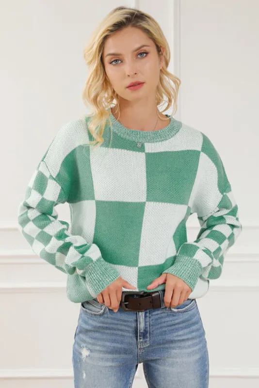 Checkered Drop Shoulder Long Sleeve Sweater sold by Charming Charlie