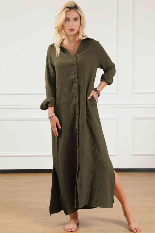 Texture Collared Neck Button Up Slit Shirt Dress sold by Charming Charlie