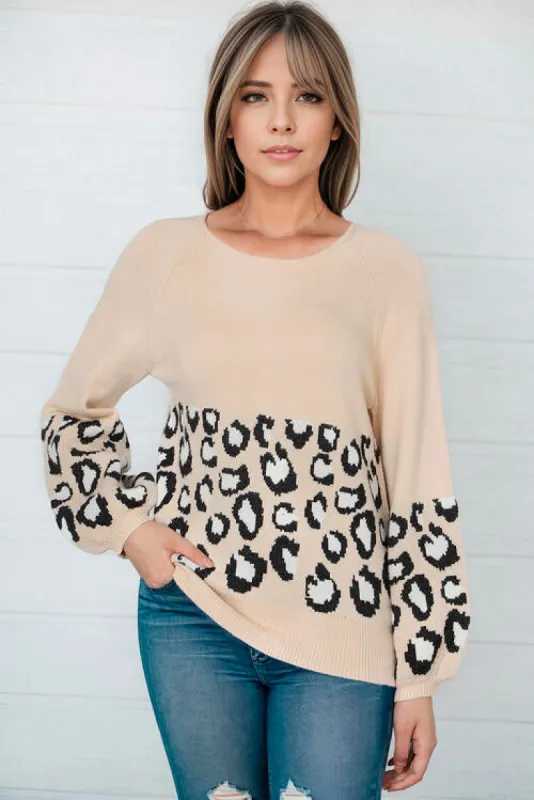 Round Neck Leopard Print Stitched Long-Sleeved Sweater sold by Charming Charlie