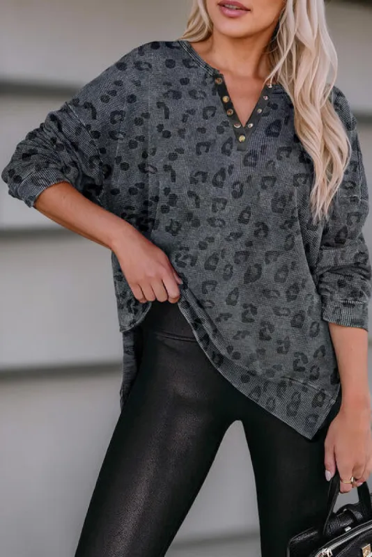 Leopard Half Snap Slit Sweatshirt sold by Charming Charlie