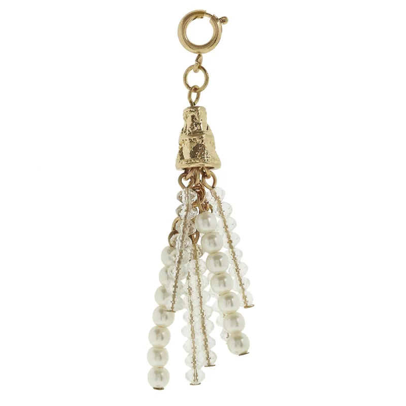 Antique Gold Clear and Ivory Pearl Beaded Tassel Charm sold by Charming Charlie