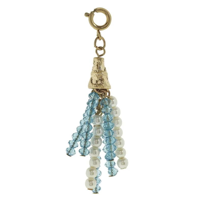 Antique Gold Aqua and Ivory Pearl Beaded Tassel Charm sold by Charming Charlie