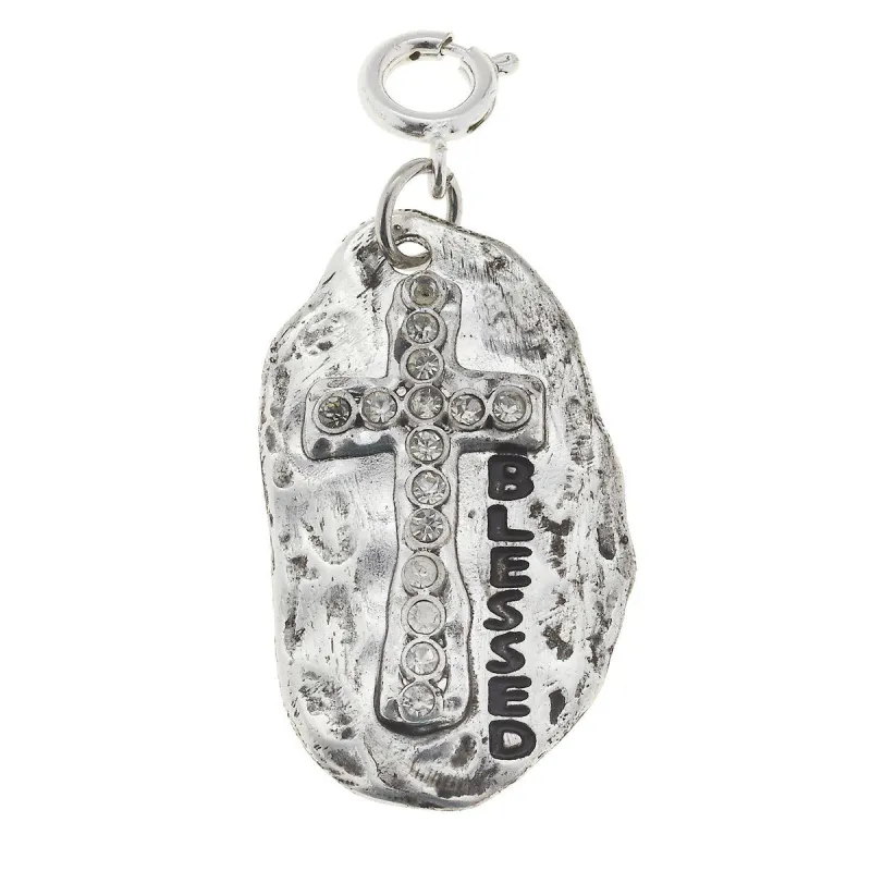 Silver "Blessed" Plate with Rhinestone Cross Charm sold by Charming Charlie