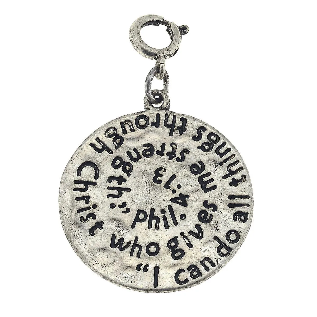 Antique Silver Phil 4:13 Scripture Swirl Charm sold by Charming Charlie
