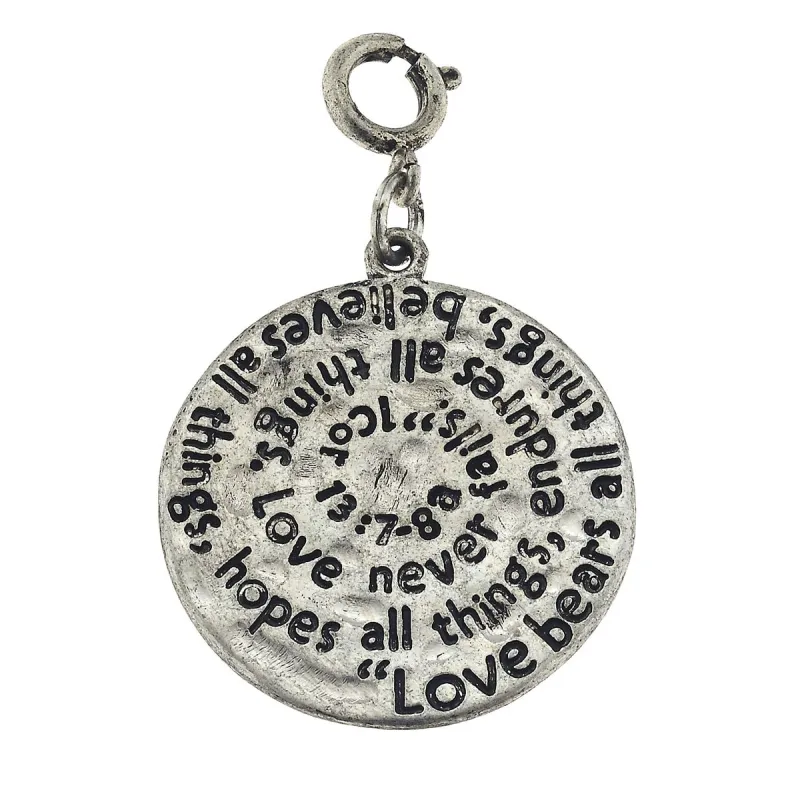 Antique Silver 1 Cor 13:7-8 Scripture Swirl Charm sold by Charming Charlie