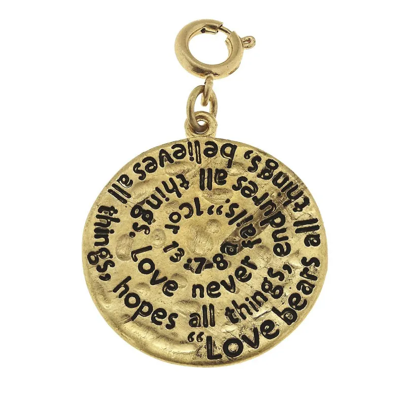Antique Gold 1 Cor 13:7-8 Scripture Swirl Charm sold by Charming Charlie