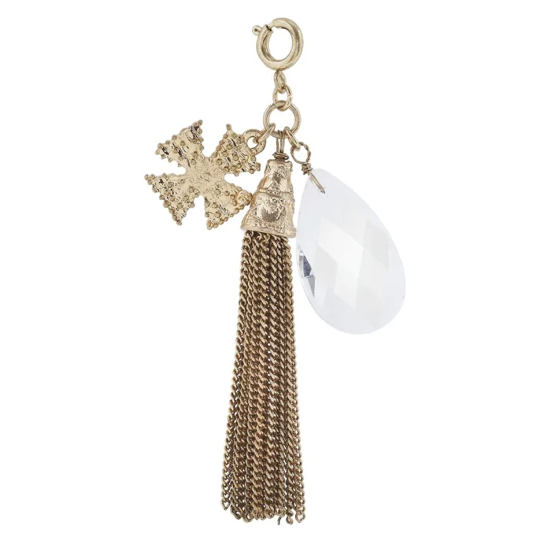 Antique Gold Tassel and Cross with Clear Glass Charm sold by Charming Charlie