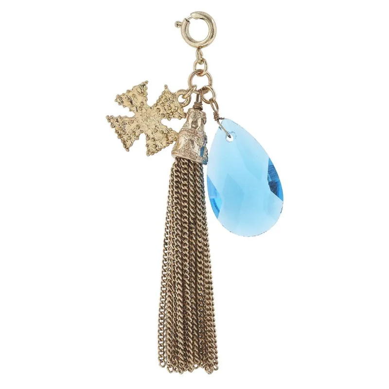 Antique Gold Tassel and Cross with Aqua Glass Charm sold by Charming Charlie