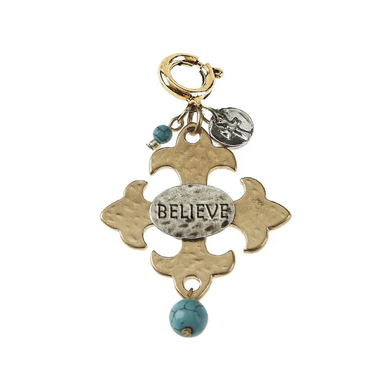 "Believe" Square Hammered Cross with Turquoise Bead Charm sold by Charming Charlie