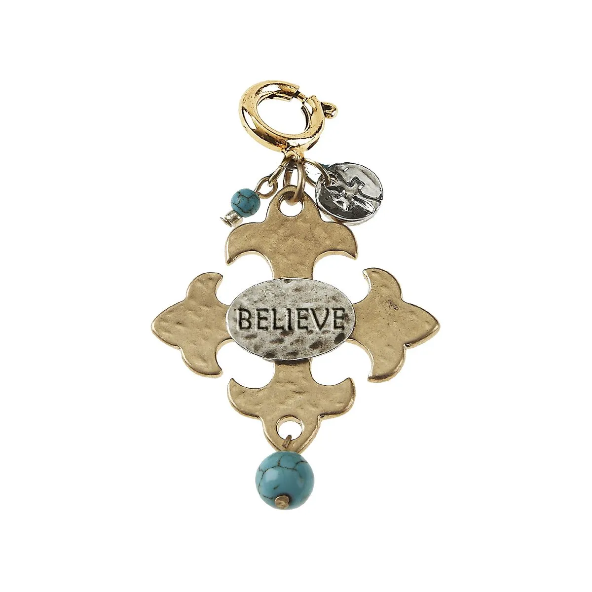 "Believe" Square Hammered Cross with Turquoise Bead Charm sold by Charming Charlie