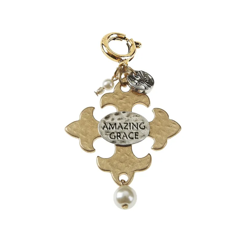 "Amazing Grace" Square Hammered Cross with Ivory Pearl Charm sold by Charming Charlie