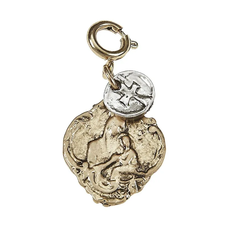 Antique Gold Madonna with Tiny Antique Silver Cross On Disk Charm sold by Charming Charlie
