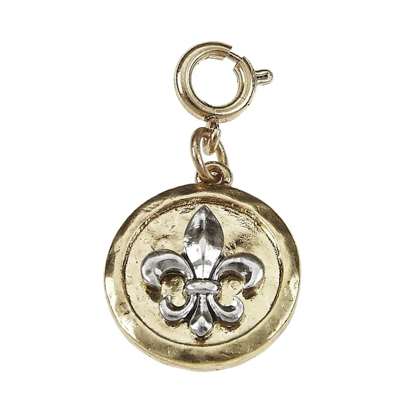 Antique Gold Hammered Disk with Antique Silver Fleur De Lis Charm sold by Charming Charlie