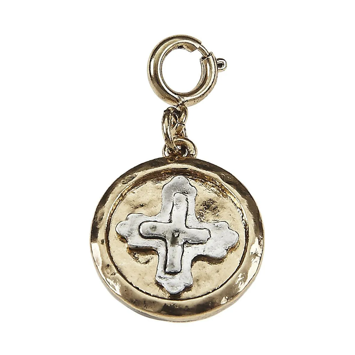 Antique Gold Hammered Disk with Antique Silver Cross Charm sold by Charming Charlie