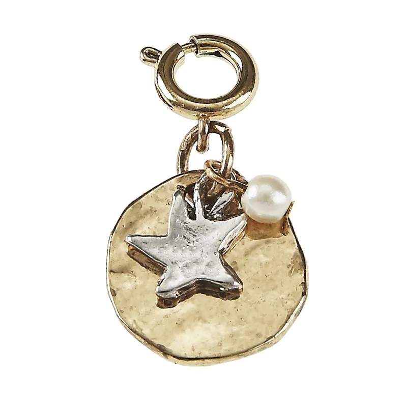 Light Antique Silver And Light Antique Gold Star, Disk, and Ivory Pearl Cluster Charm sold by Charming Charlie