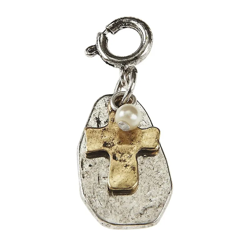 Light Antique Silver and Light Antique Gold Cross, Disk, and Ivory Pearl Cluster Charm sold by Charming Charlie