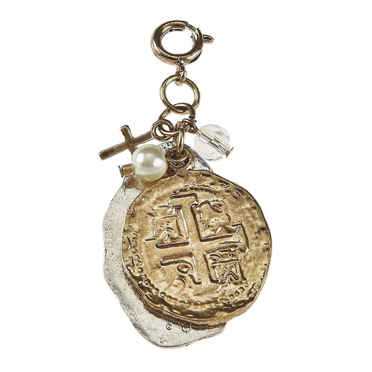 Light Antique Silver and Light Antique Gold Coin And Cross Cluster Charm sold by Charming Charlie