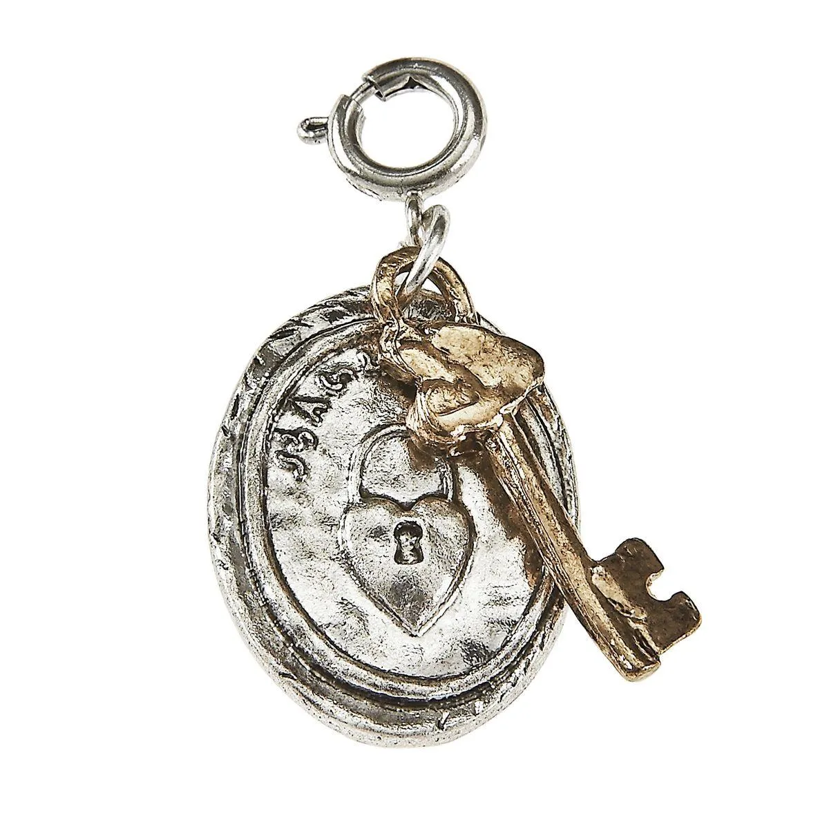 Light Antique Silver Padlock and Light Antique Gold Key Wax Casting Charm sold by Charming Charlie