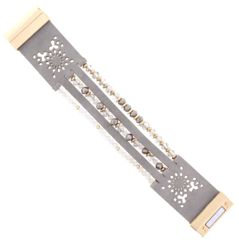 Grey and Black Diamond Beaded Multi Strand Grey Leather Bracelet sold by Charming Charlie
