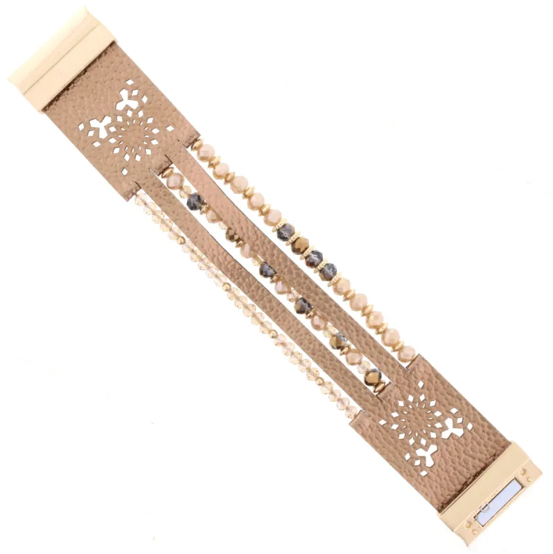Champagne and Gold Beaded Multi Strand Bronze Leather Bracelet sold by Charming Charlie