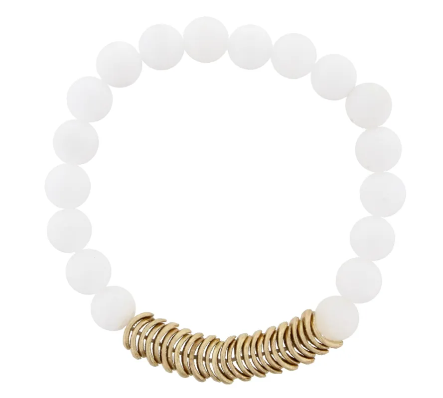 White Jade Beaded Stretch Bracelet with Gold Wavy Disk Spacers sold by Charming Charlie