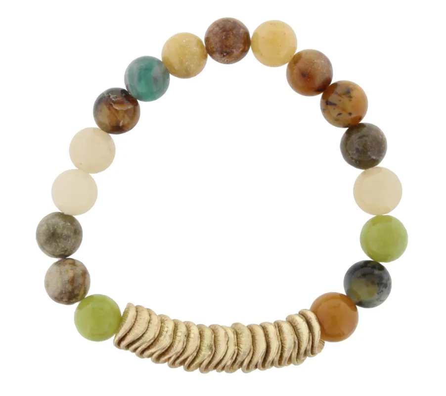 Serpentine Jade Beaded Stretch Bracelet with Gold Wavy Disk Spacers sold by Charming Charlie