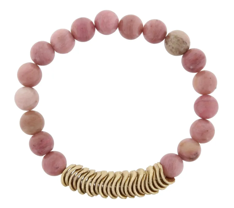 Rhodochrosite Beaded Stretch Bracelet with Gold Wavy Disk Spacers sold by Charming Charlie