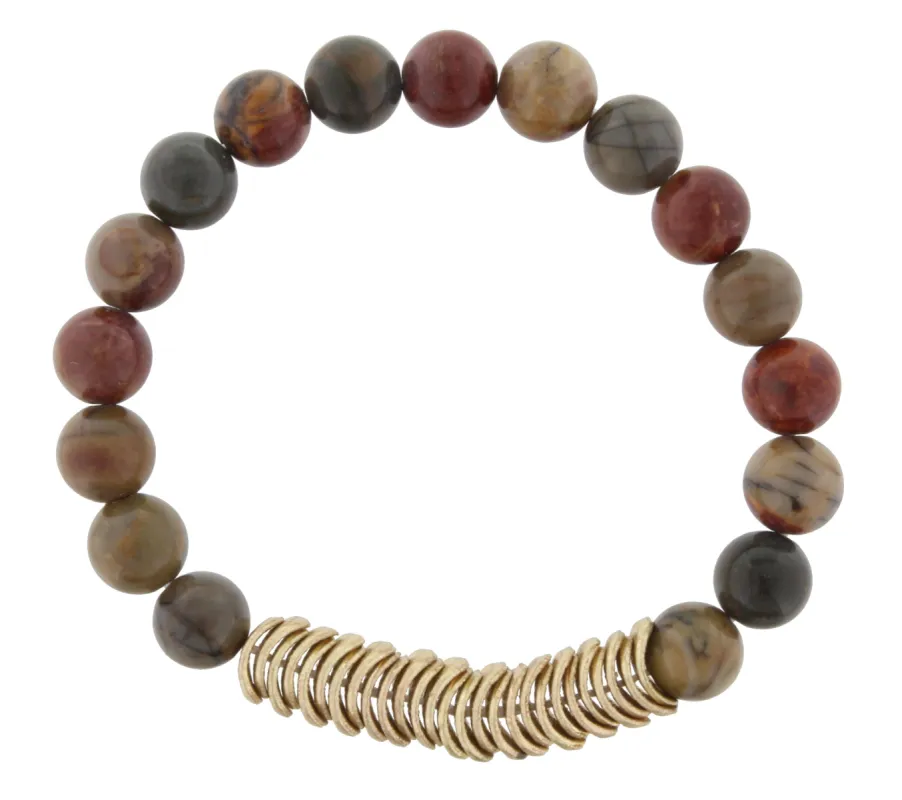 Multi Jasper Beaded Stretch Bracelet with Gold Wavy Disk Spacers sold by Charming Charlie