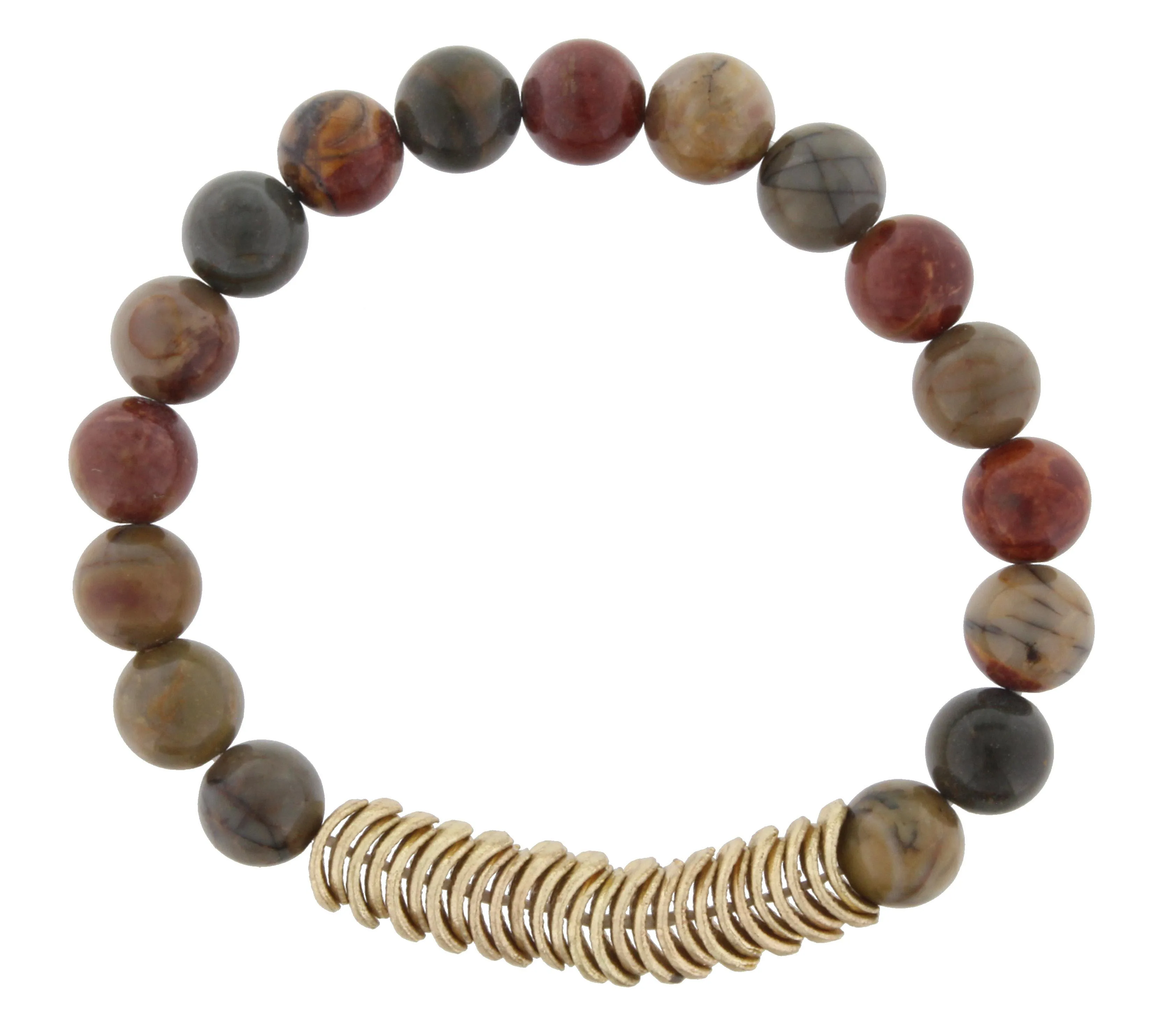Multi Jasper Beaded Stretch Bracelet with Gold Wavy Disk Spacers sold by Charming Charlie