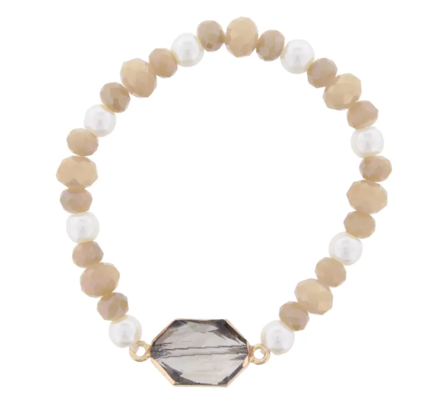 Dark Champagne Beaded Stretch Bracelet with Crystal Hexagon sold by Charming Charlie
