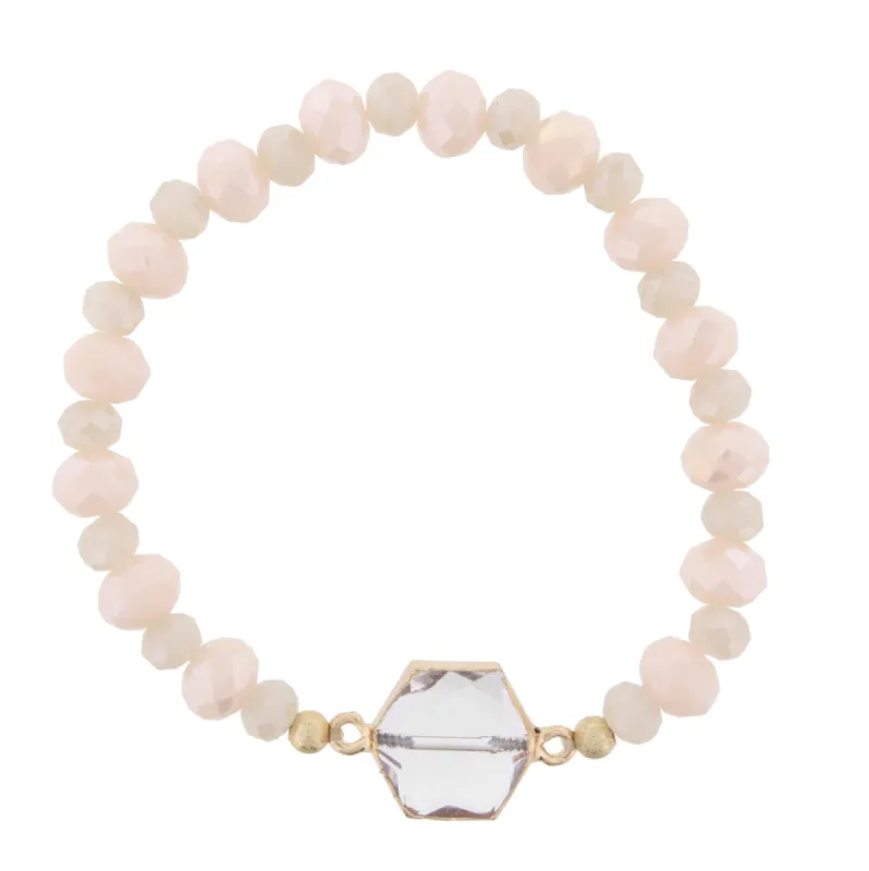 Champagne and Light Pink Beaded Stretch Bracelet with Crystal Hexagon sold by Charming Charlie