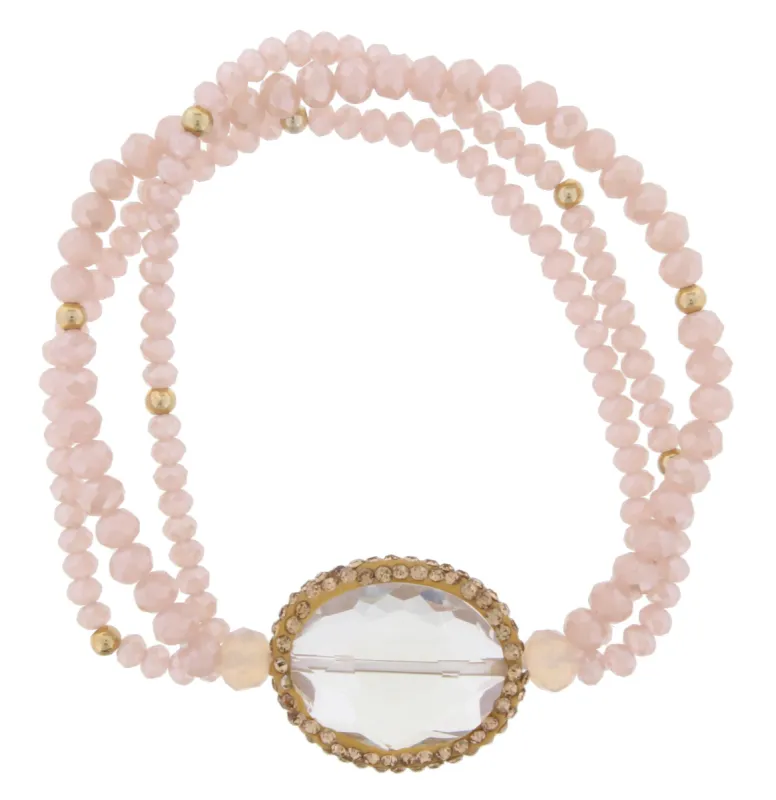 Pale Pink Beaded 3 Strand Stretch Bracelet with Pave Crystal sold by Charming Charlie