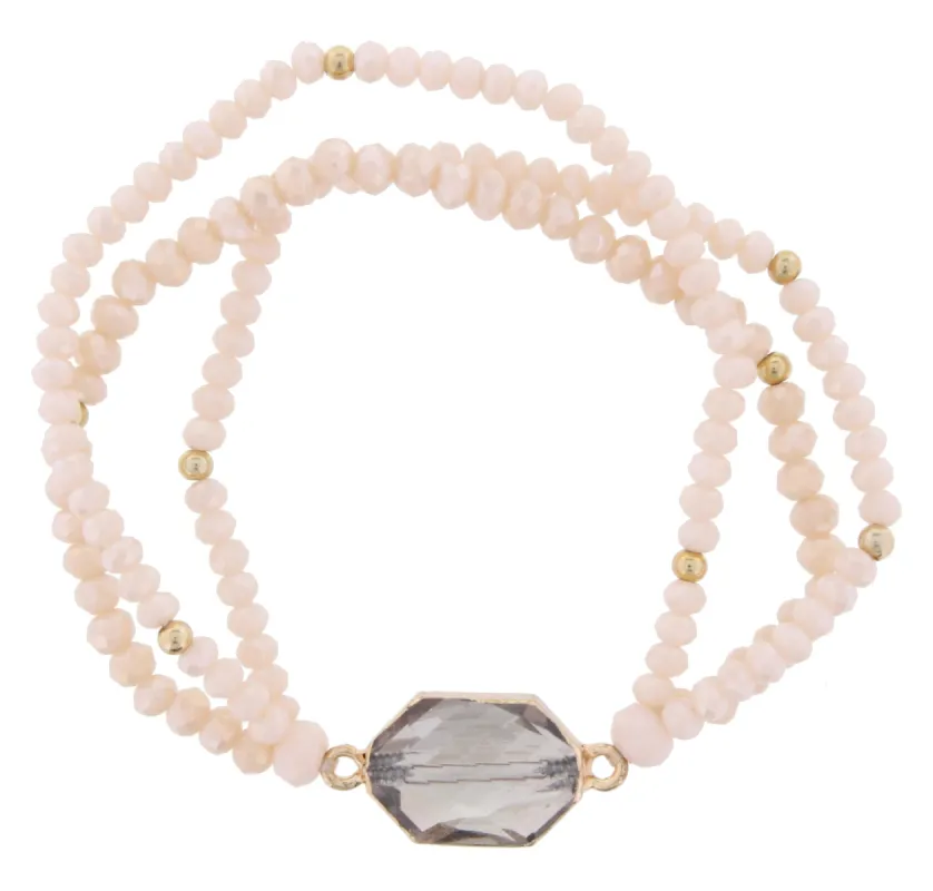 Light Pink Beaded 3 Strand Stretch Bracelet with Black Diamond Crystal made by Charming Charlie